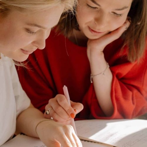 jeune fille qui fait ses devoirs et jeune femme qui l’aide jeune fille qui fait ses devoirs et jeune femme qui l'aide